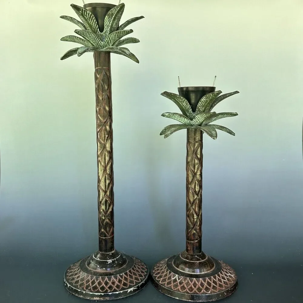 Vintage Palm Tree Candle Holders Hollywood Regency Safari Lodge Colonial Pair